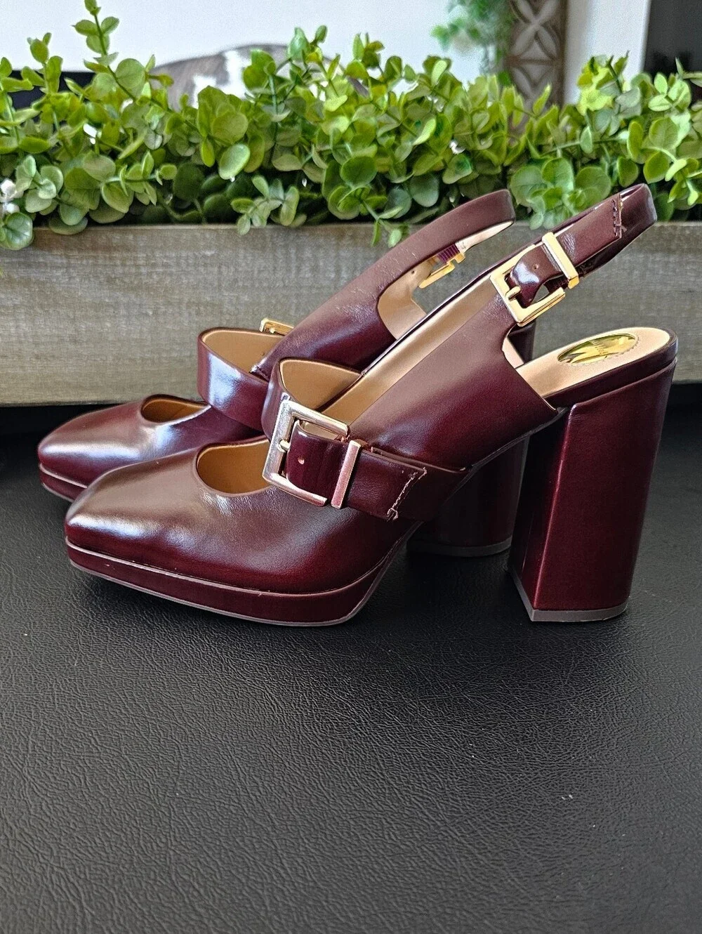 Gianni Bini Leather Maroon Block Heel Slingback Pumps Shoes Women's Sz 9